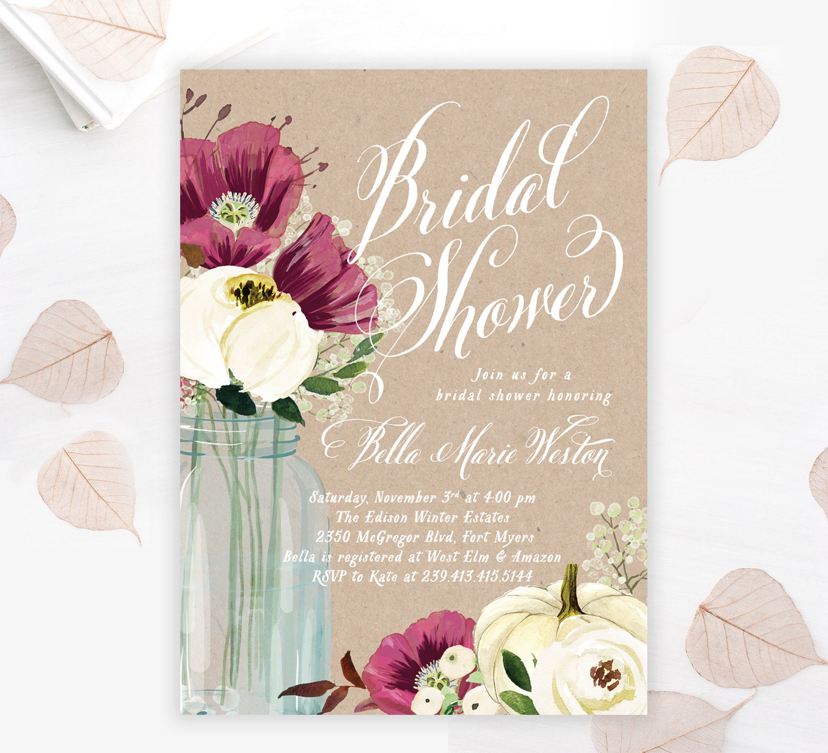 Mason Jar Bridal Shower Invitation, Fall Autumn Invite, Pumpkin Invite - 8