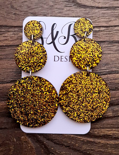 Circle Long Resin Earrings, Statement Gold Black Glitter Bridal Bridesmaid, Stainless Steel Earrings