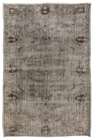 6.3x9 Ft Floral Patterned Handmade 1960S Turkish Rug Over-Dyed in Gray For Contemporary Interiors. Nk328