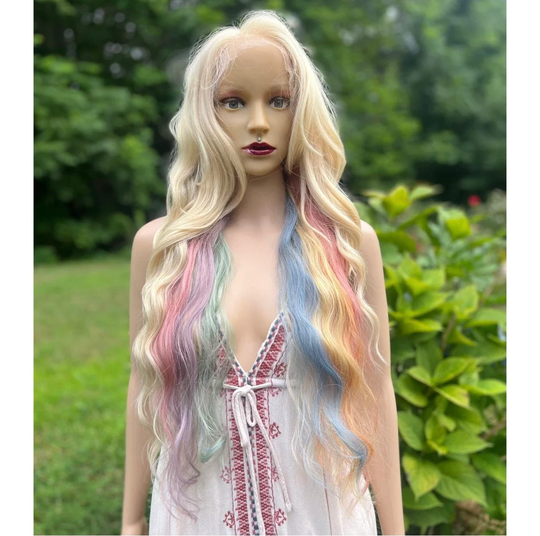 Blonde With Peekaboo Rainbow Lace Front 13x6 Parting Human Hair Blend Daily Wig