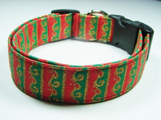 Christmas Red & Green Glitter Gold Scrolls Dog Collar