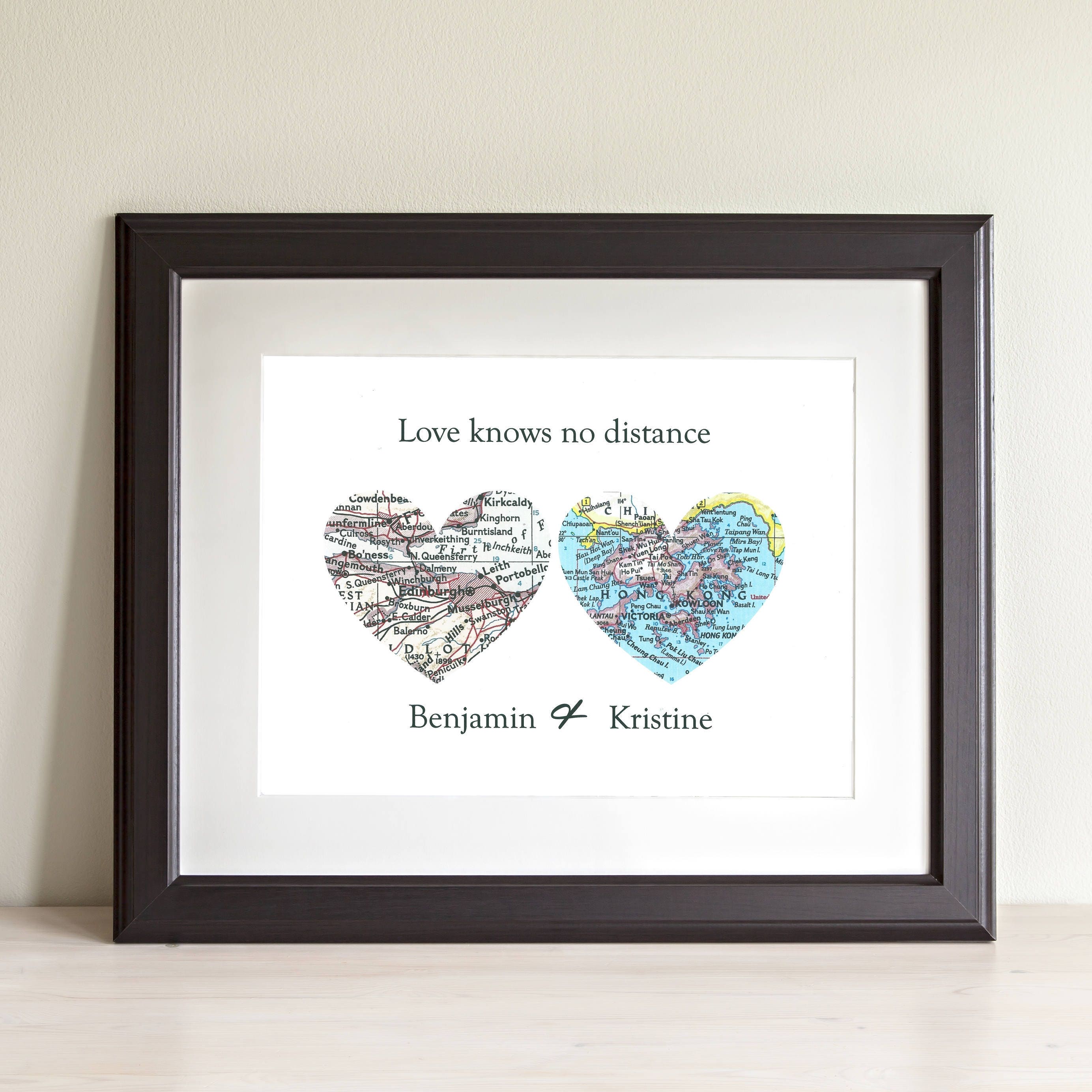 Two Heart Map Art Print. Print Only No Frame. You Select 2 Cities Locations Worldwide & Personalized Text. Mother's Day Or Graduation Gift