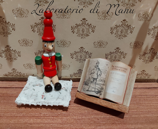 Dollhouse Pinocchio Book, Miniature Wooden Figure/Pillow With Print, Scale 112