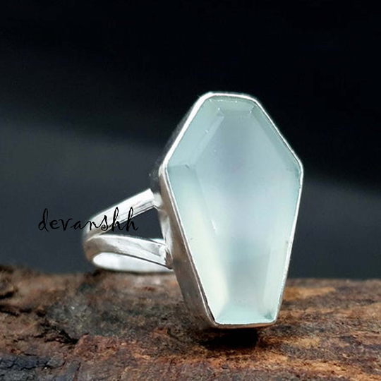 Chalcedony Ring, Coffin Gemstone Dainty 925 Silver Boho Women Stacking Promise Gift For Her