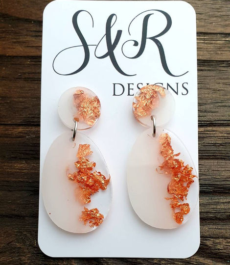Oval Long Resin Dangle Earrings, White Rose Gold Leaf Stainless Steel Bridesmaid Bride Earrings