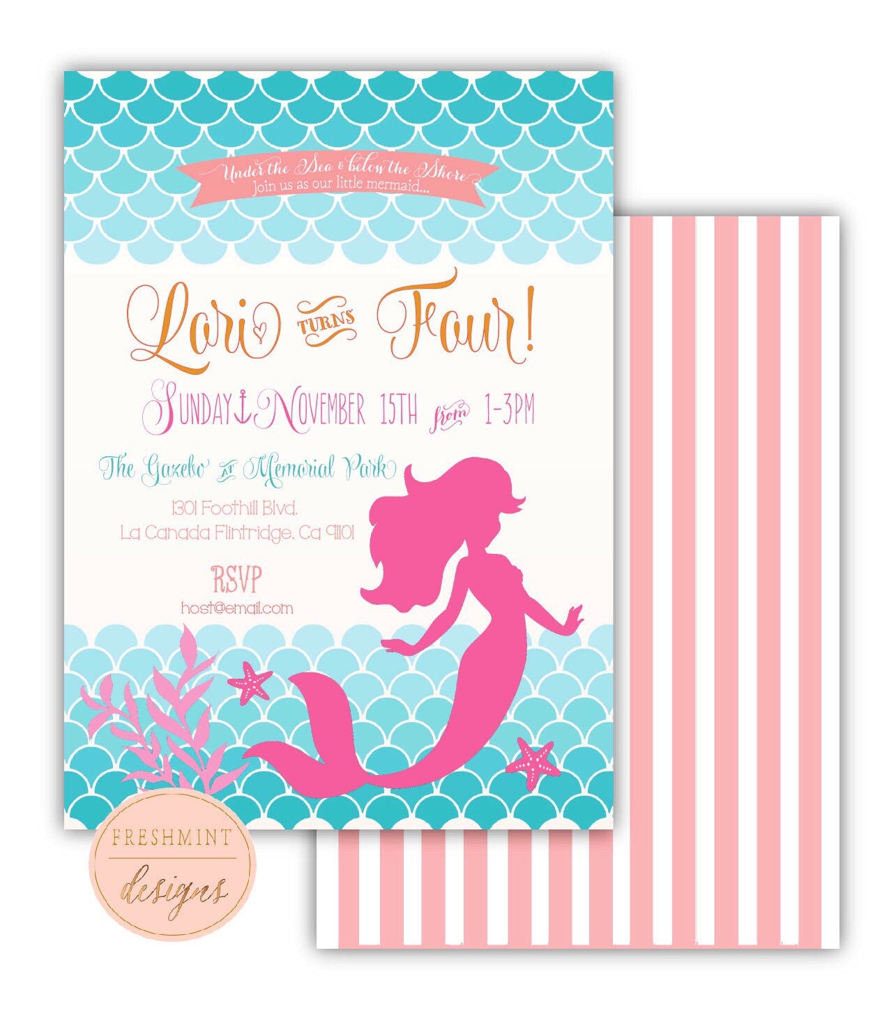 Little Mermaid Invitation - Birthday Calligraphy Freshmint Paperie