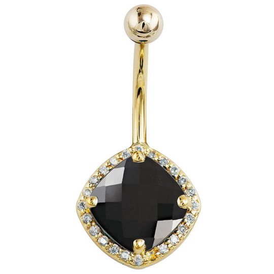 Black Onyx & Diamond Antiqued Cushion Cut 14K Yellow Gold Belly Ring
