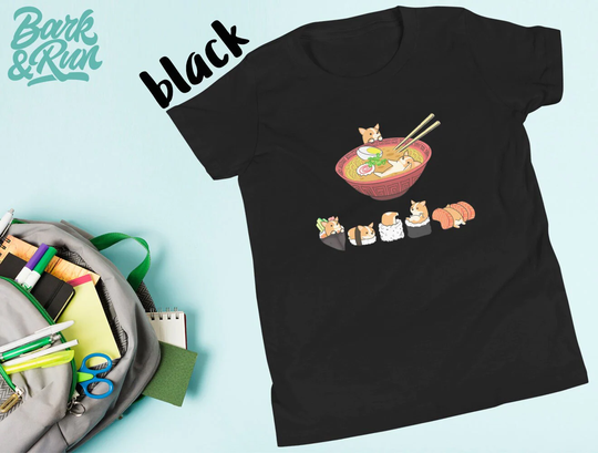 Corgi Kids T-Shirt, 100% Cotton. Unisex Youth Short Sleeve Sushi & Ramen Chubby Style Art Of Welsh Corgi, Kawaii By Bark&run