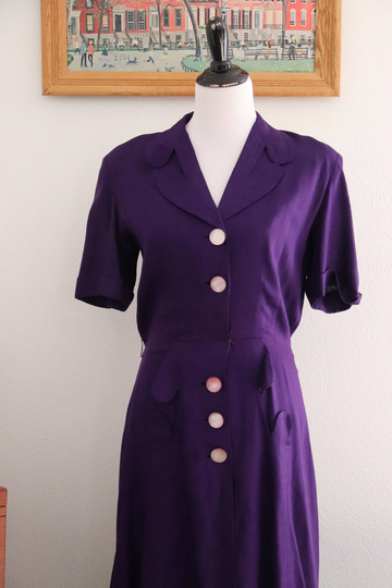 1940S Eisenberg Royal Purple Linen Blend Day Dress Midi Length Womens Vintage Medium