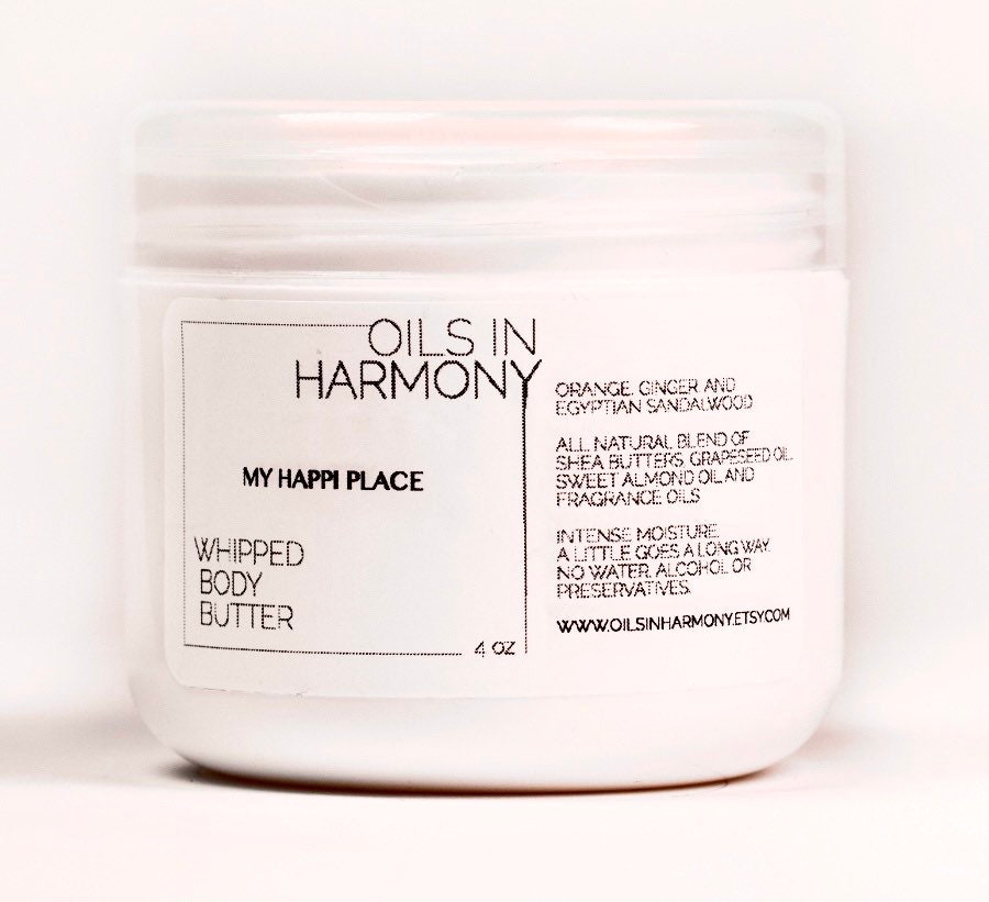 Orange Blend, Patchouli, Sandalwood, Scented Whipped Body Butter, My Happi Place, 4 Oz Large Jar, Citrus, Energizing