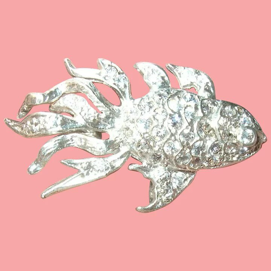 Vintage Sterling Fish Brooch Faux Diamonds
