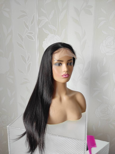 In Stock 28 Inch 70 cm European Full Hand Tied Silk Top Black Chocolate Lace Medical Dark Hair System Medium Cap Wig Glueless