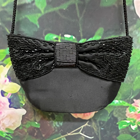 80S Milor Black Satin Shoulder Purse Beaded Bow