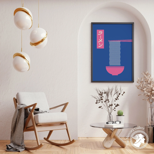 Ramen Noodle Print, Blue Poster, Japanese Kitchen Wall Art, Bowl Artwork, Soup Travel Art