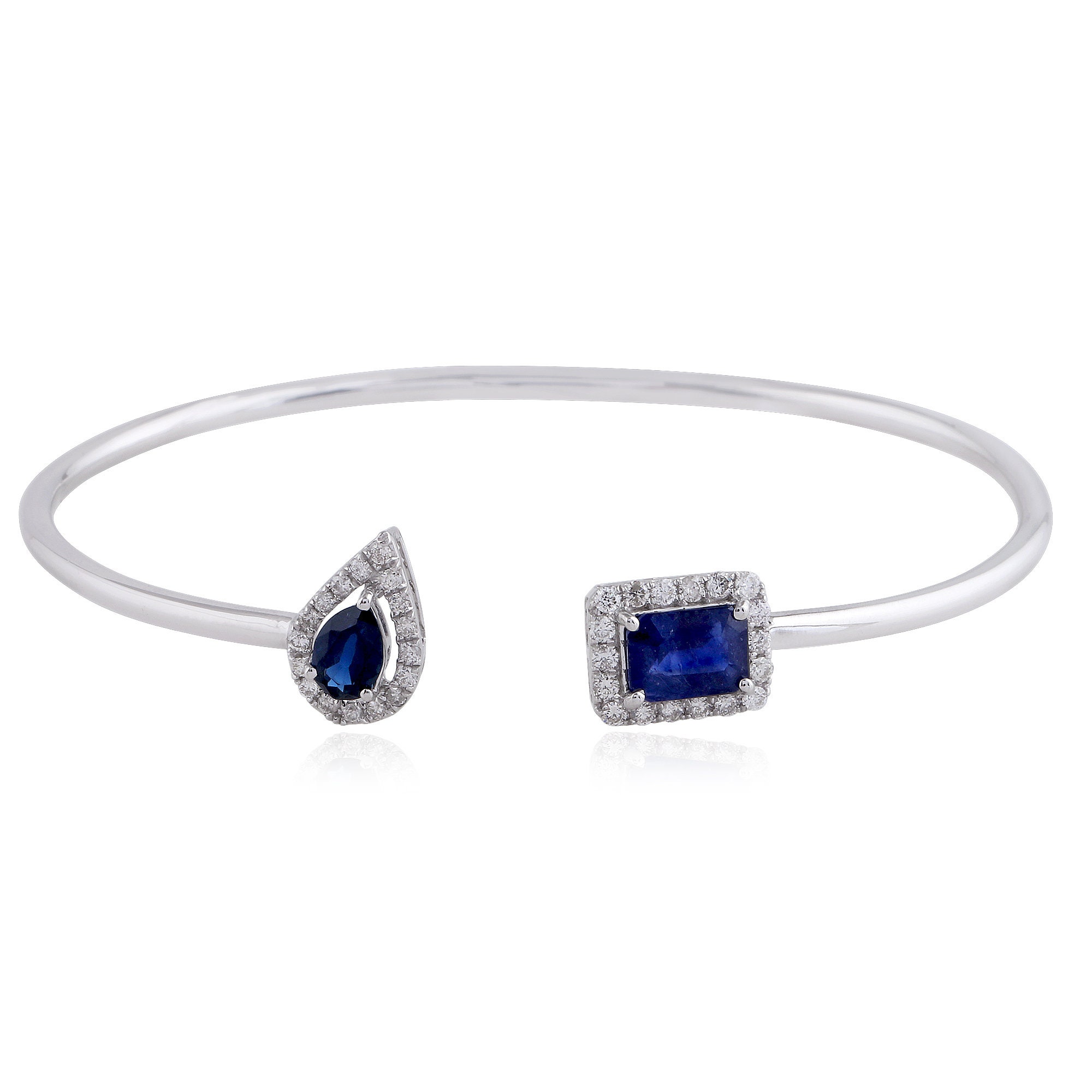 Sapphire Bracelet, 14K Gold Blue Bangle, Bezel Flexible Halo Open Cuff September Birthstone Bracelet