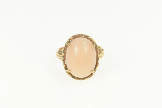18K Retro Coral Oval Ornate Cocktail Statement Ring Size 6.25 Yellow Gold