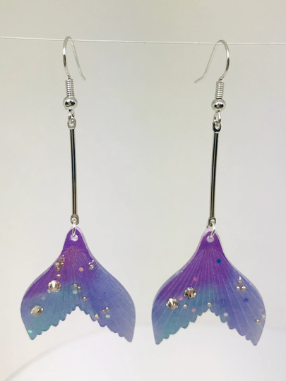 Mermaid Tail Earrings, Long Dangle Silver Earring, Charm, Fish Earrings