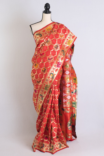 Blended Silk Patola Saree With Woven Peacock & Elephant Motif in Red