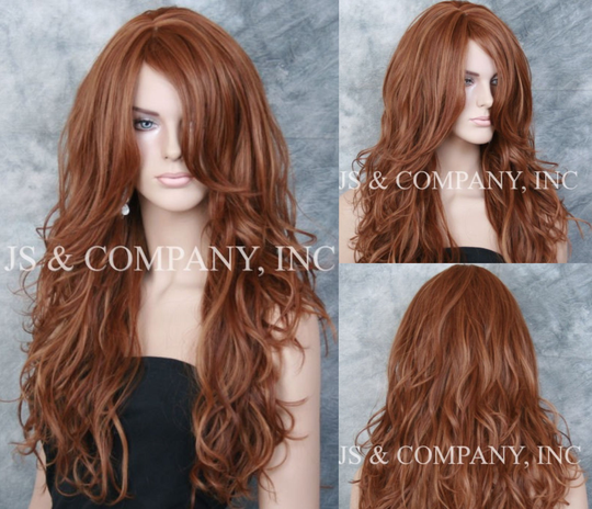 Human Hair Blend Long Bangs Layered With Natural Wavy Texture Brownish Auburn Mix Side Parting Cancer/Alopecia/Cosplay
