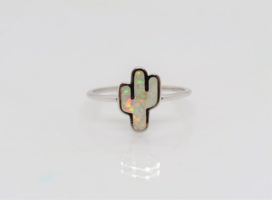 Vintage Sterling Silver Fire Opal Cactus Thin Band Ring Size 7.25
