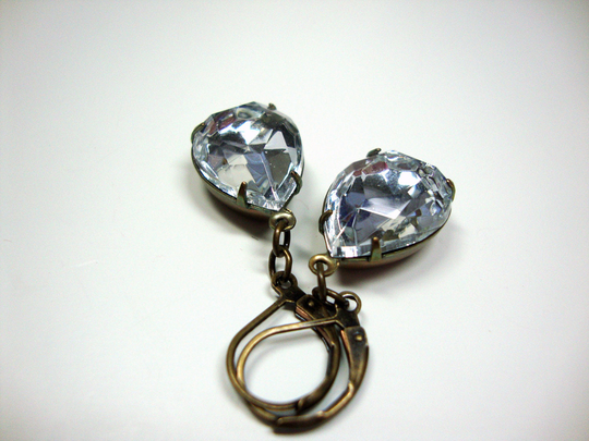 Women, Estate Style, Vintage Clear Glass Pear Shaped Antiqued Brass Earrings