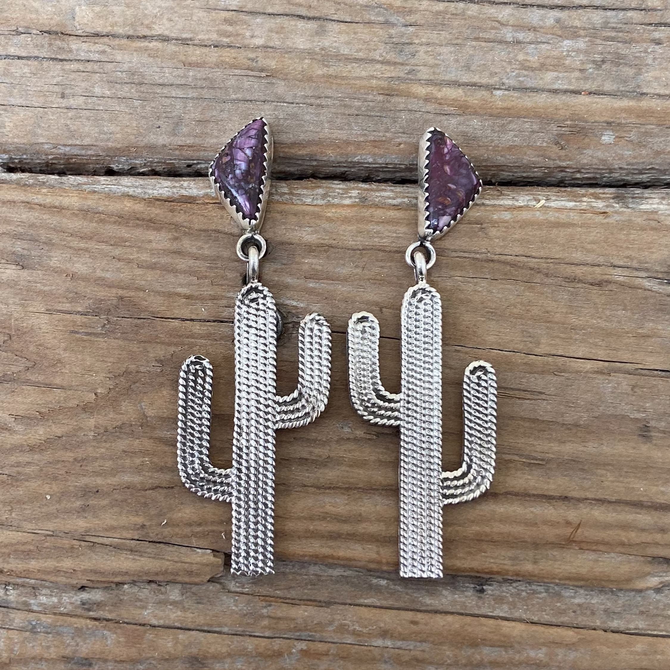 Cactus Earrings Handmade in Sterling Silver 925 With Purple Spiney Oyster