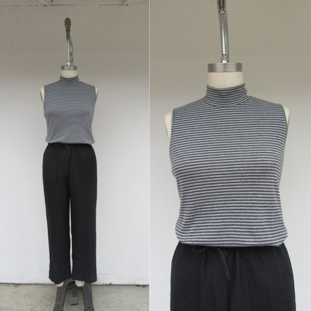 90S Striped Cotton Blend Gray & Charcoal Sleeveless Mockneck Tee | Minimal Roll Neck Turtleneck Shirt Top L