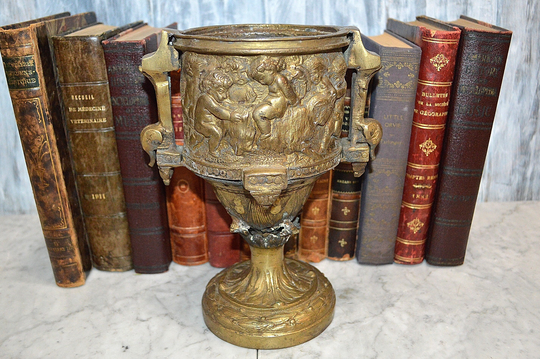 Antique French Urn Vase Heavy Bronze Ornate Cherubs Rams Heads Figural Pedestal Base