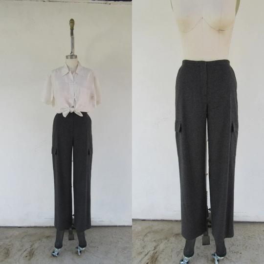 90S Charcoal Wool Blend Cargo Pants | Trousers Business Casual Minimal 26 Waist