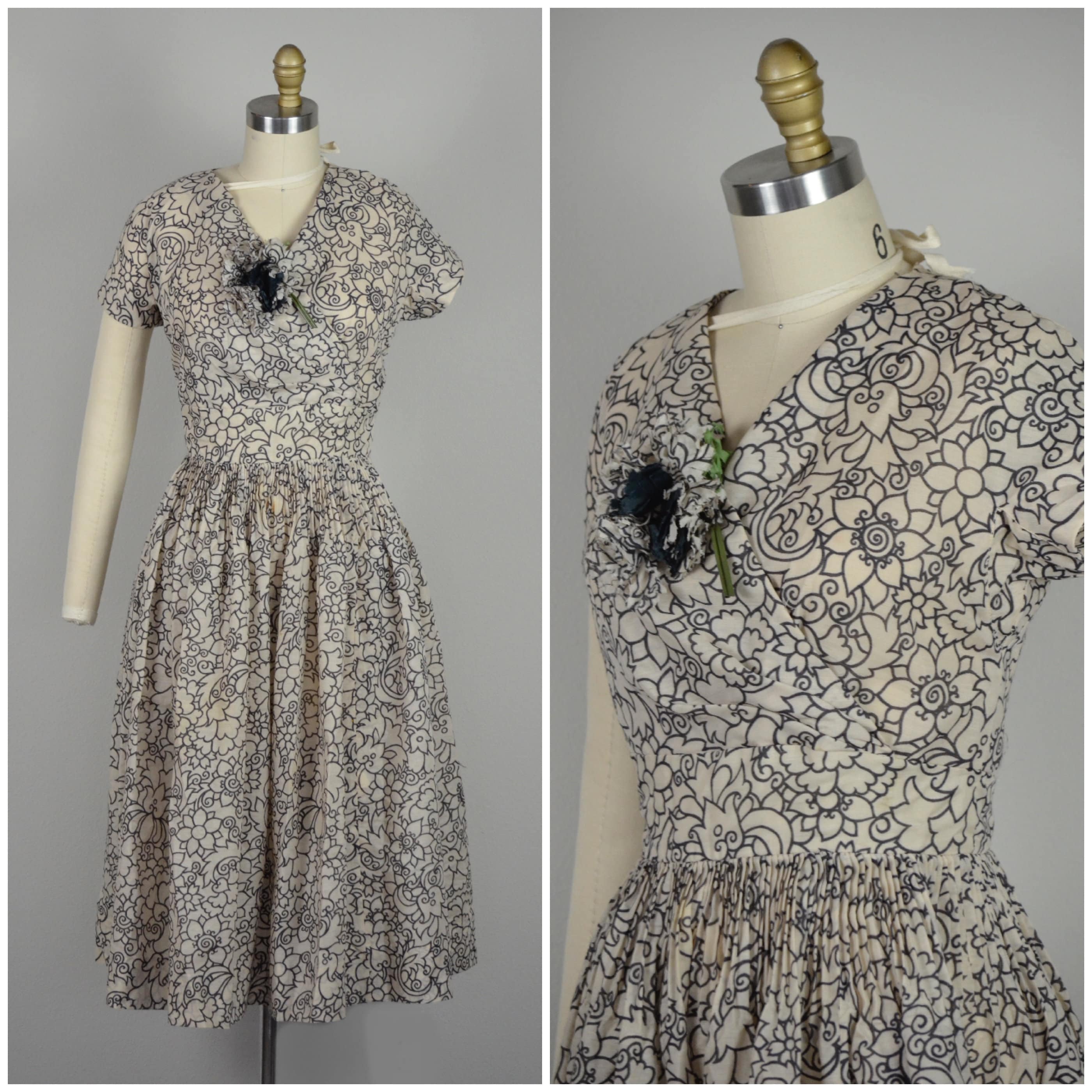 1950S Dress | Lovely Late 50S Cotton Blend Floral Dream - Size Large Summer