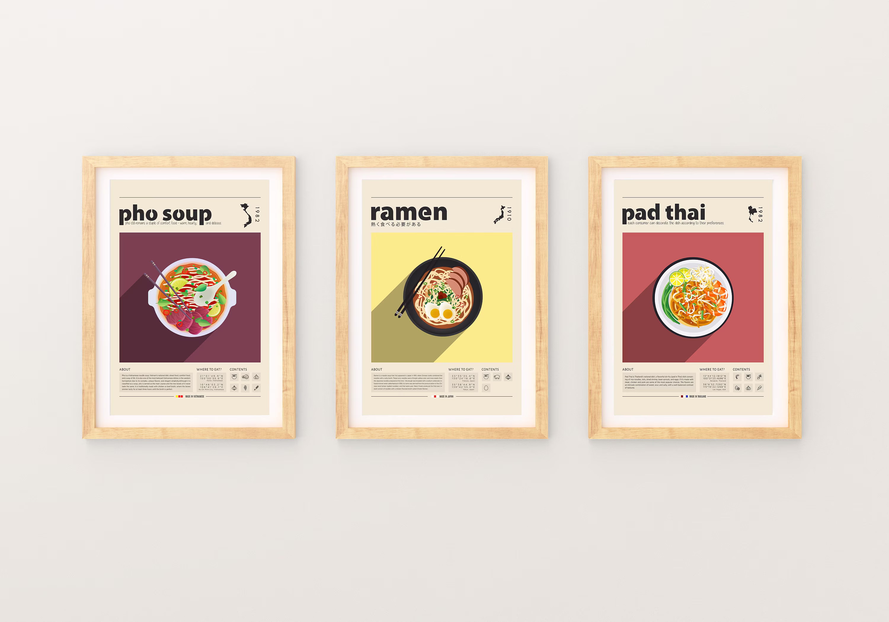 Food Poster Set Of 3, Japanese Food, Thailand Retro Poster, Housewarming Gift, Kitchen Decor, Mid Century Minimalist Print