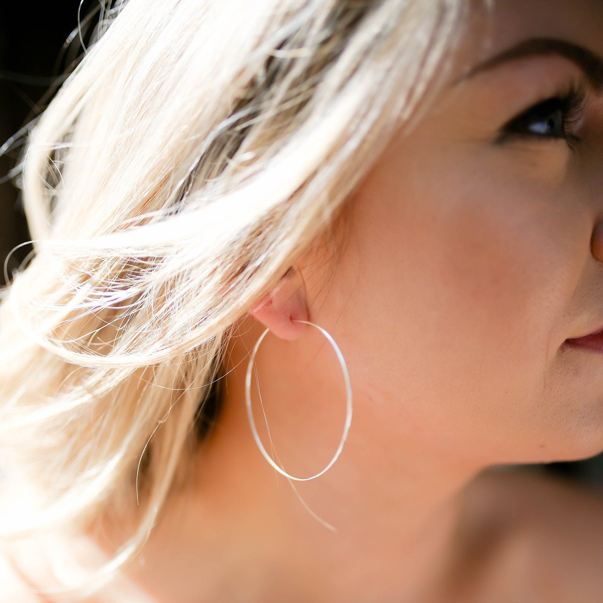 Large Sterling Silver Hoops - 2 Inch Round Threader Earrings Simple Wire Trendy Jewelry Birthday Gift For Her