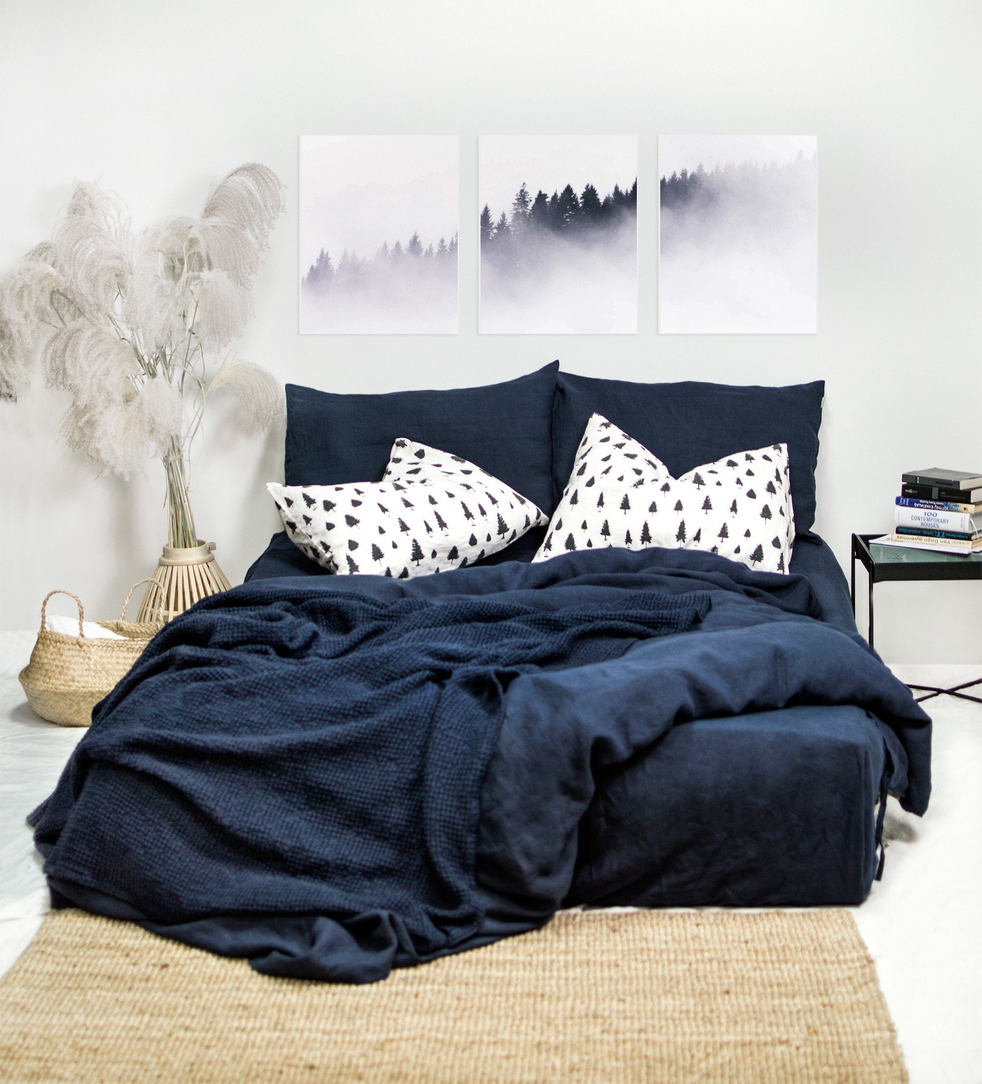 Linen Bedding Set in Midnight Blue. 3 Piece Set. King, Queen, Twin, Full, Double Sizes. 2 Pillowcases & Duvet Cover. Navy Blue