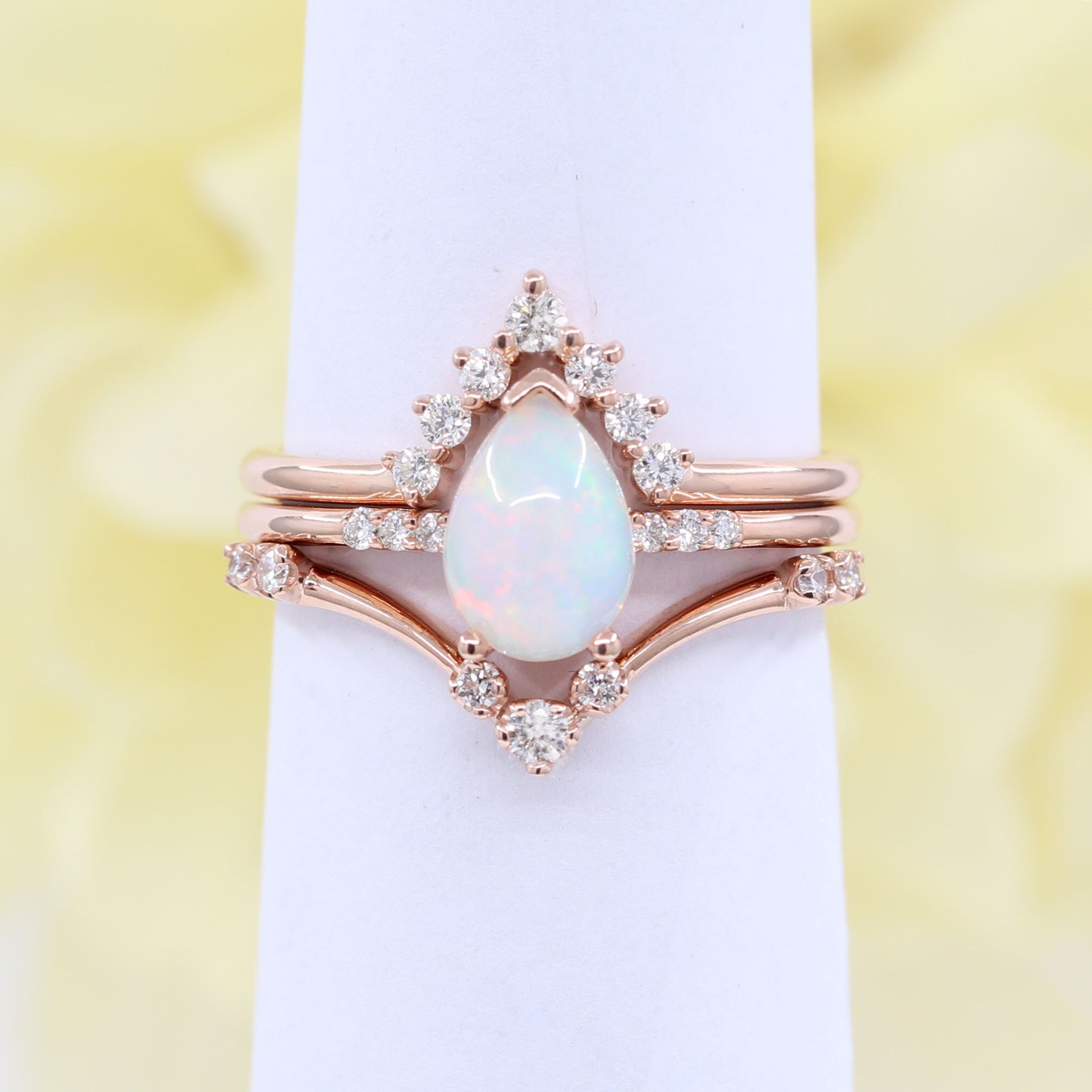 Natural Opal Engagement 3 Ring Set.0.28Ct Diamonds.opal Diamond Ring.14K Solid Gold Matching Ring.bridal Set