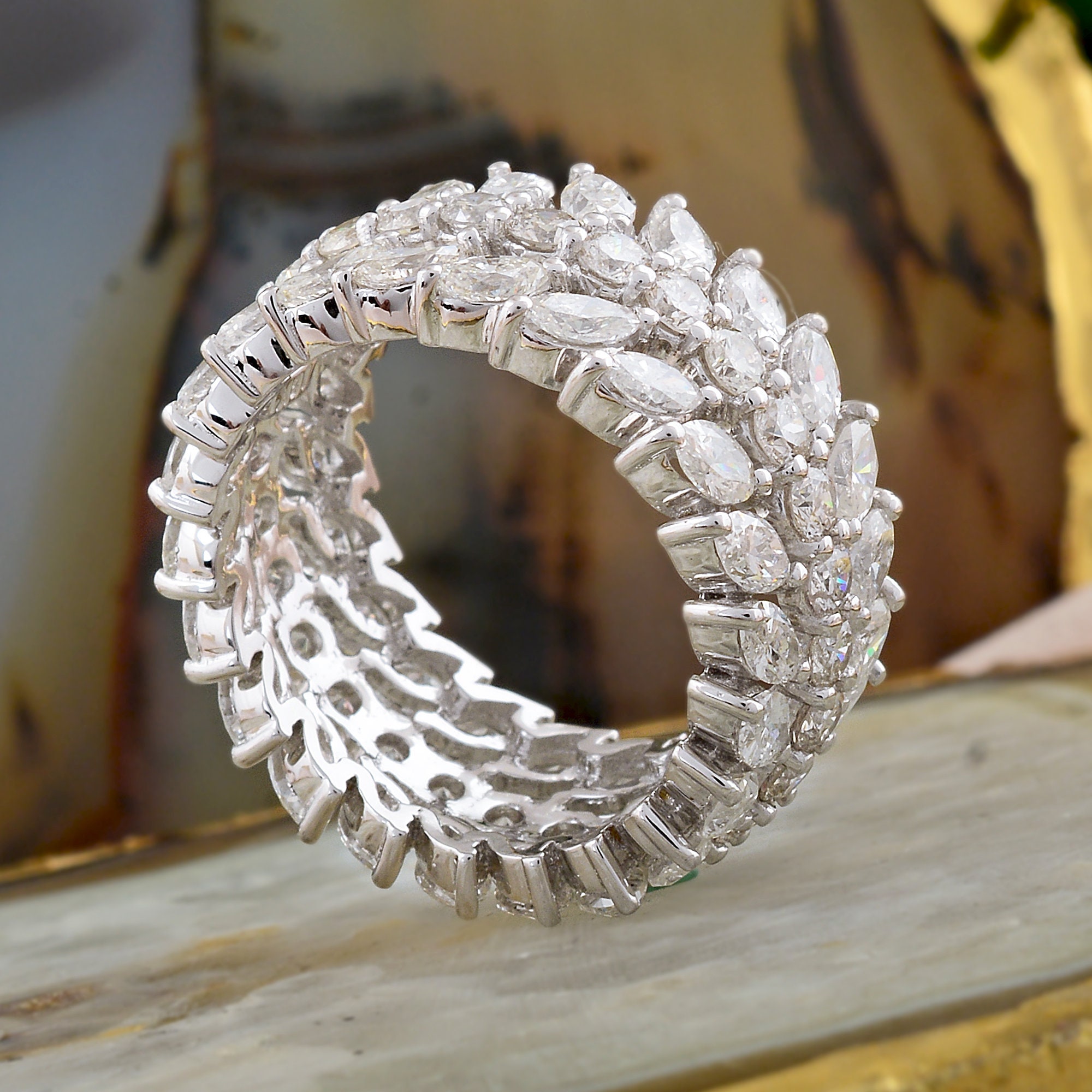 Marquise Diamond Ring, Wedding Ring in 14K Solid Gold, Natural Round Gold, Three Row Stackable Band
