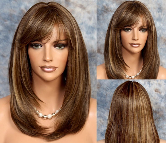 Caramel Brown Blonde Human Hair Blend Heat Safe Long Straight Face Framing Full Bangs Wig Cancer Alopecia Theater Cosplay