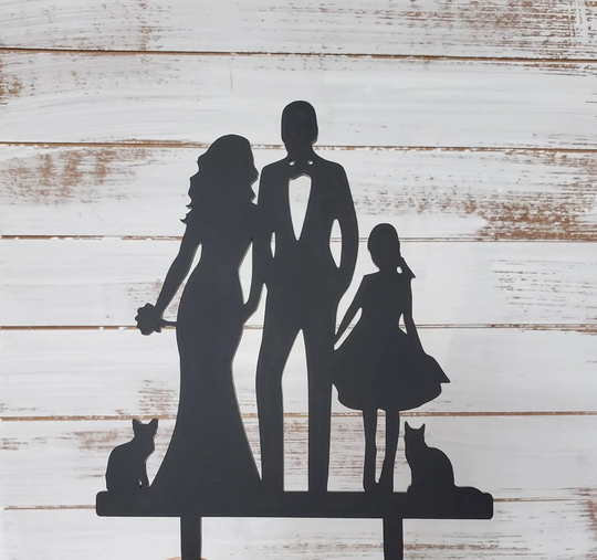 Blended Family Wedding Cake Topper, Wedding, Silhouette Topper With Girl, Cats, Cat W