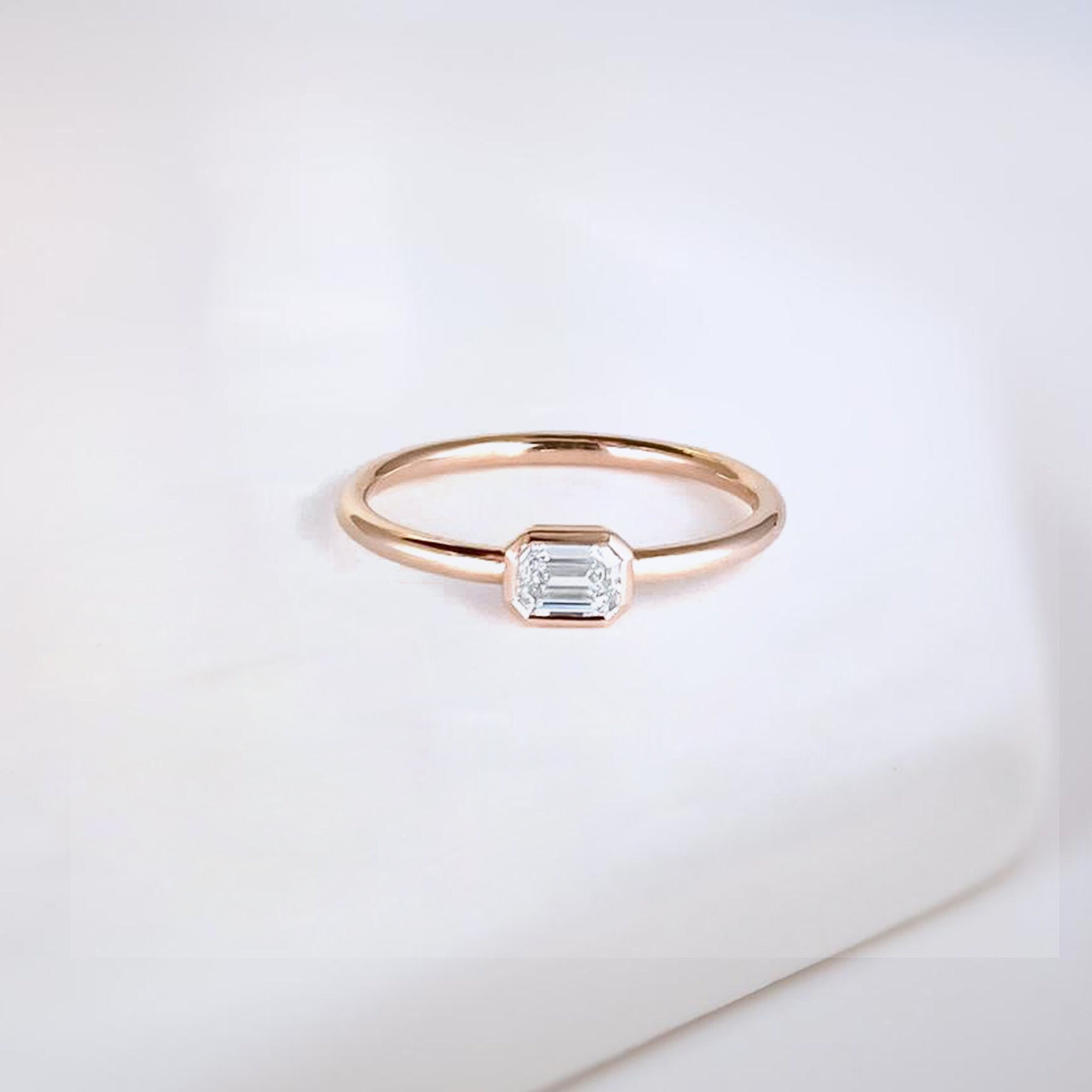 Emerald Bezel Solitaire Engagement Ring For Women, Thin Dainty Ring, Matching Stacking 18K Micron Over Sterling Silver, Promise