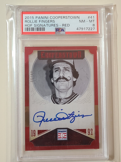 2015 Panini Cooperstown Hall Of Fame Induction Red Rollie Fingers Auto Autograph Baseball Card Serial Numbered #ed 06/49 Graded Psa 8