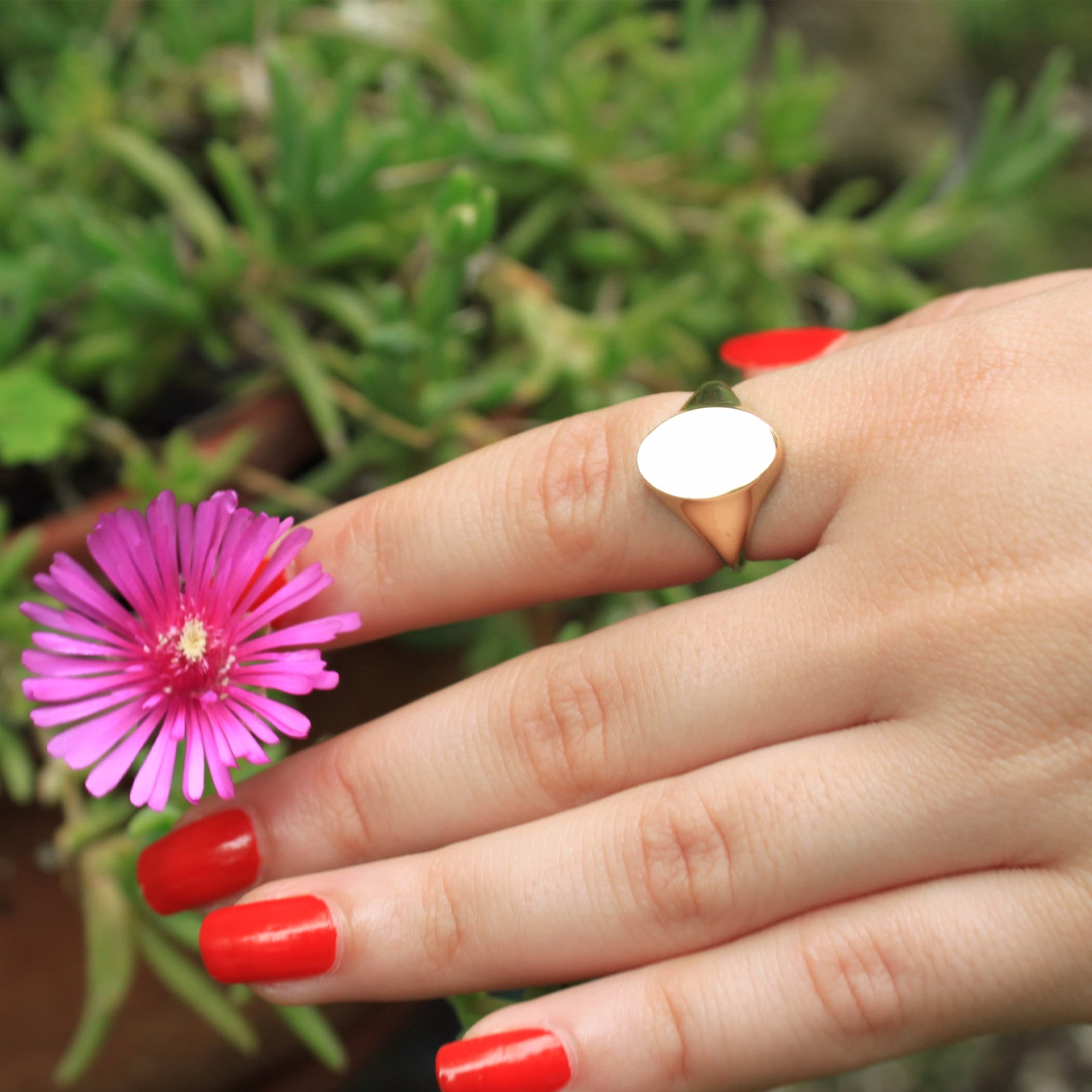 Oval Engraved Signet Ring 14K Solid Gold Personalization İnitial Summer Theme Geometric Christmas Gift For Her