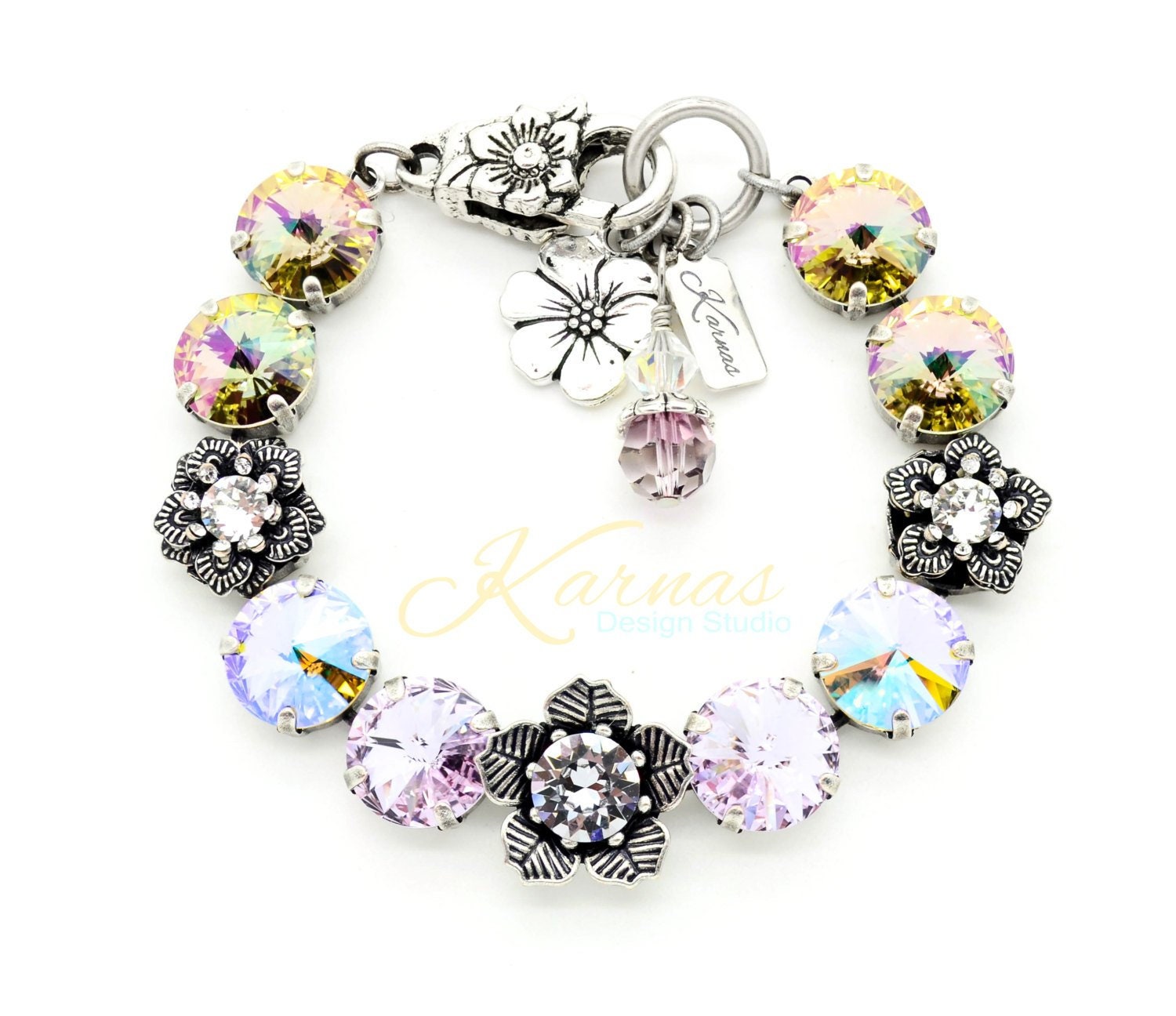 Starburst Sensation 12mm Flower Charm Bracelet Made With K.d.s. Premium Crystal Antique Silver Karnas Design Studio Free Shipping