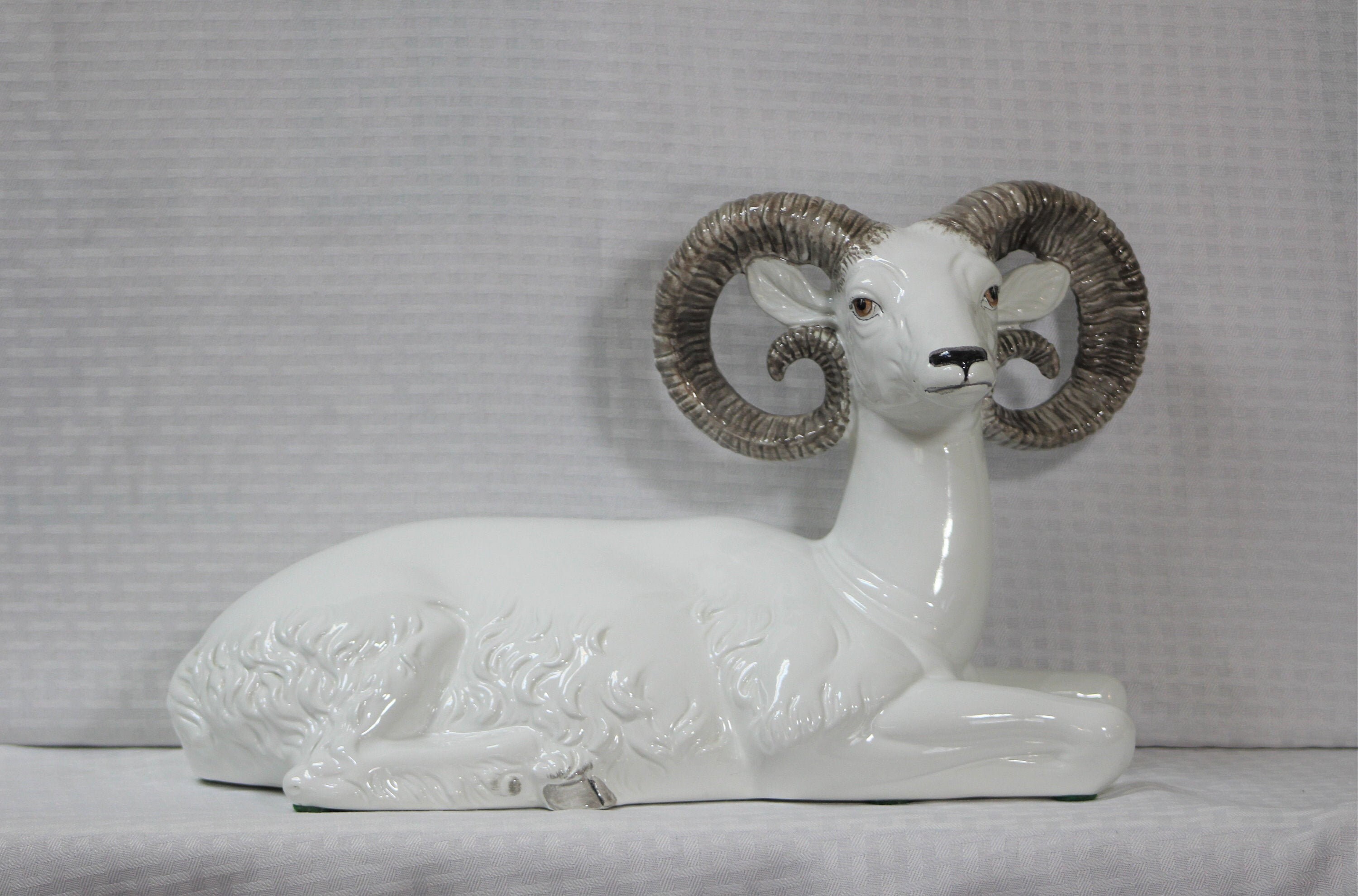 Rare Large Italian Hand Painted Ceramic Ram, 1950S , 17 Wide Long Horn Ram Sculpture, Made in Italy, 3404