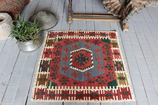 2'4"x2'6" Ft Vintage Turkish Kilim Rug, Ethnic Kilim, Small Bohemian Aztec Design Red Kilim Doormat