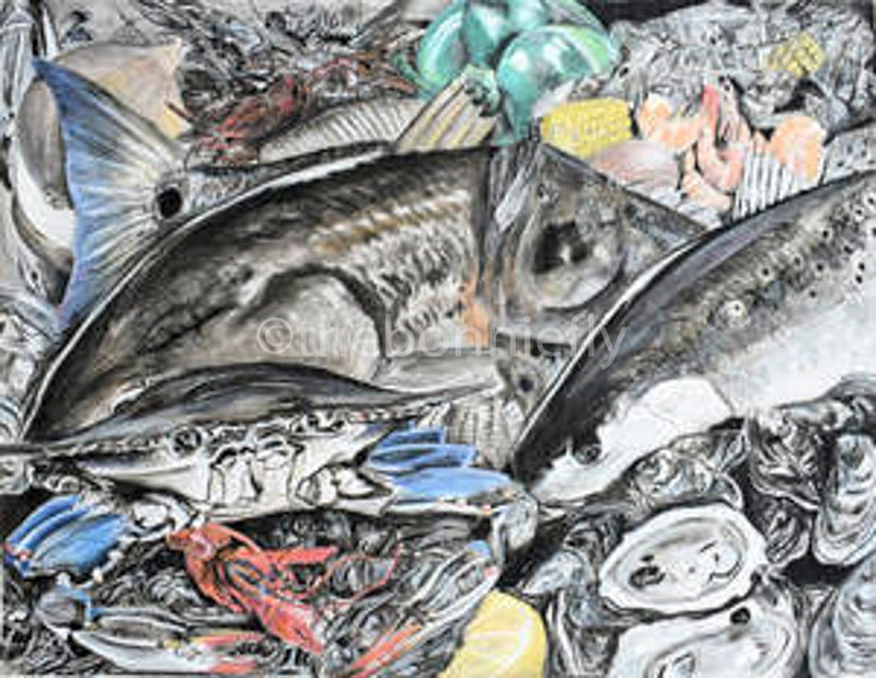Cajun Seafood Print | Giclee Premium Prints Fishing Art Redfish Blue Crab Oysters New Orleans Artwork