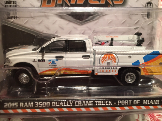 Greenlight 2015 Ram 3500 Dually Crane Truck-Port Of Miami Tunnel-Limited Edition 1/64 Scale Diecast Truck