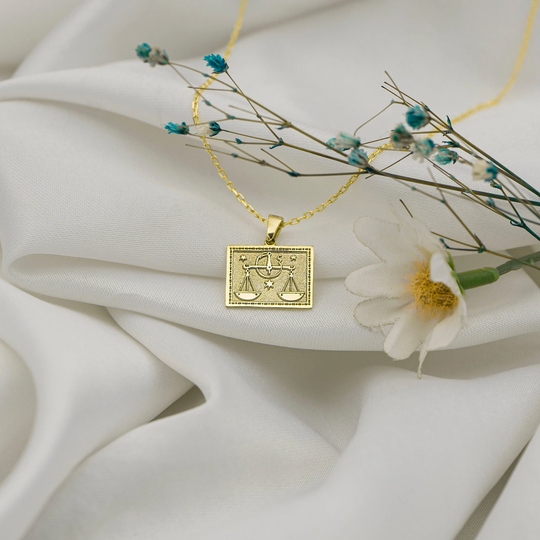 Real 14K Solid Gold Libra Zodiac Necklace - Dainty Signs Charm White Coin Pendant -Best Birthday Gift Mom Gifts