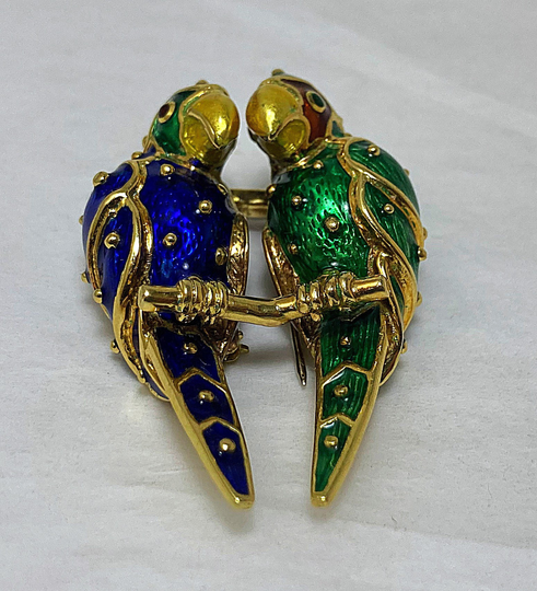 Hidalgo 18 Karat Gold Double Parrot Pin With Blue, Green & Red Enamel/#dn Theshopsinuptown