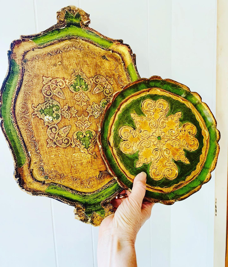 Pair Of Italian Florentine Gilt Gold Green Wood Figurative Trays