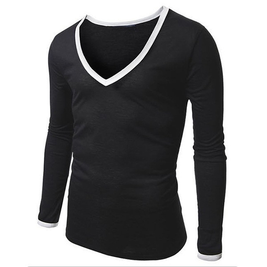 Patchwork V-Neck Long Sleeve Cotton Blends Pullover Mens Shirts - black, s