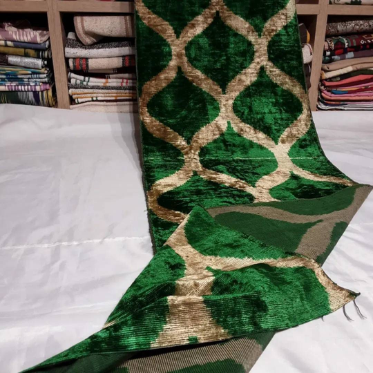 Green Ikat Fabric By The Yard Handwoven Velvet Handmade Narrow Loom Weaving